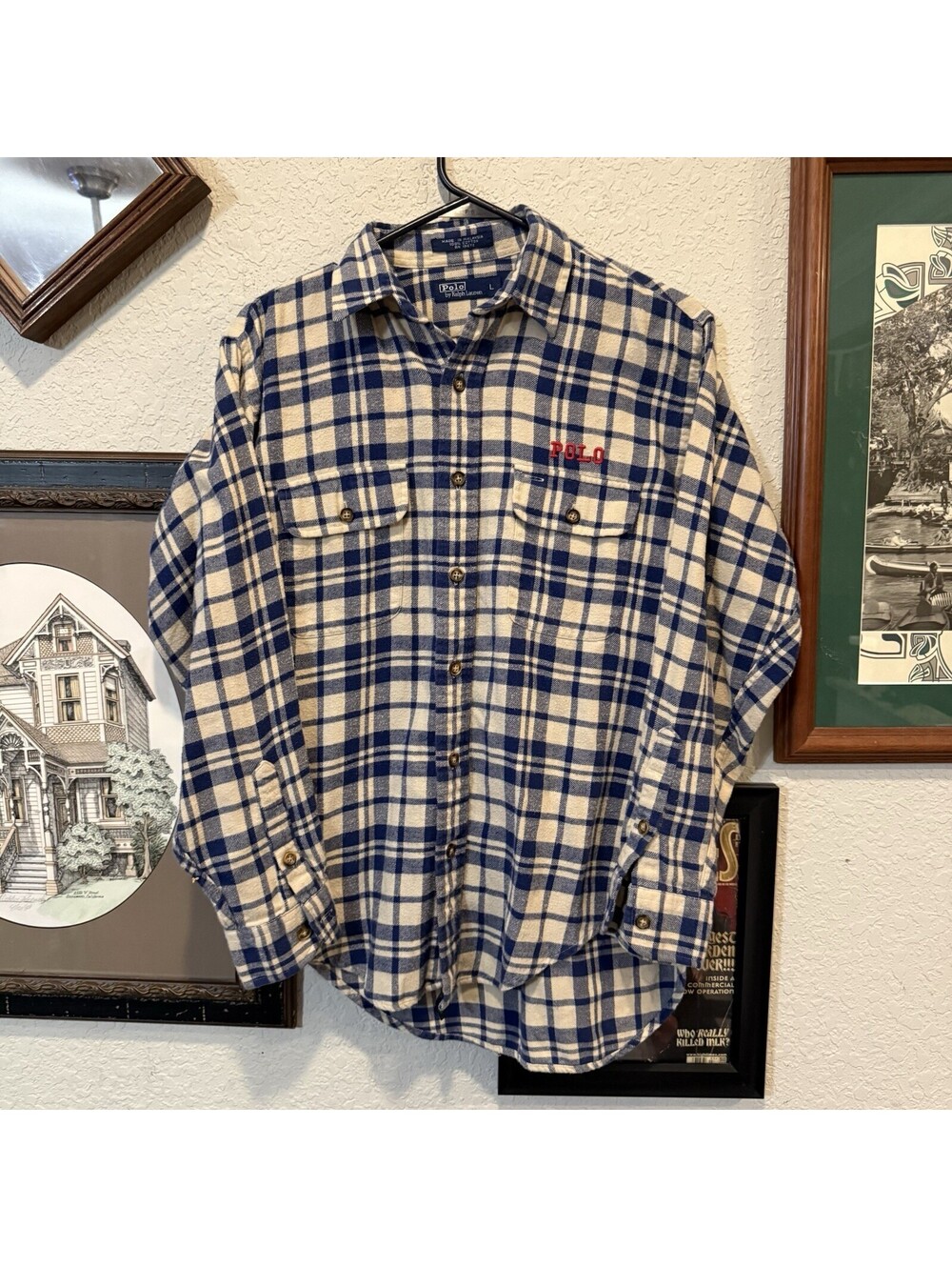 Vintage 90s RARE Polo Ralph Lauren Cream/Blue Plaid Designer Logo Shirt Large